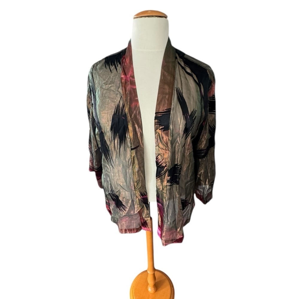 Chico’s Sheer Metallic Kimono Sz 2/3 Boho Glam Lightweight Duster Cardigan H2